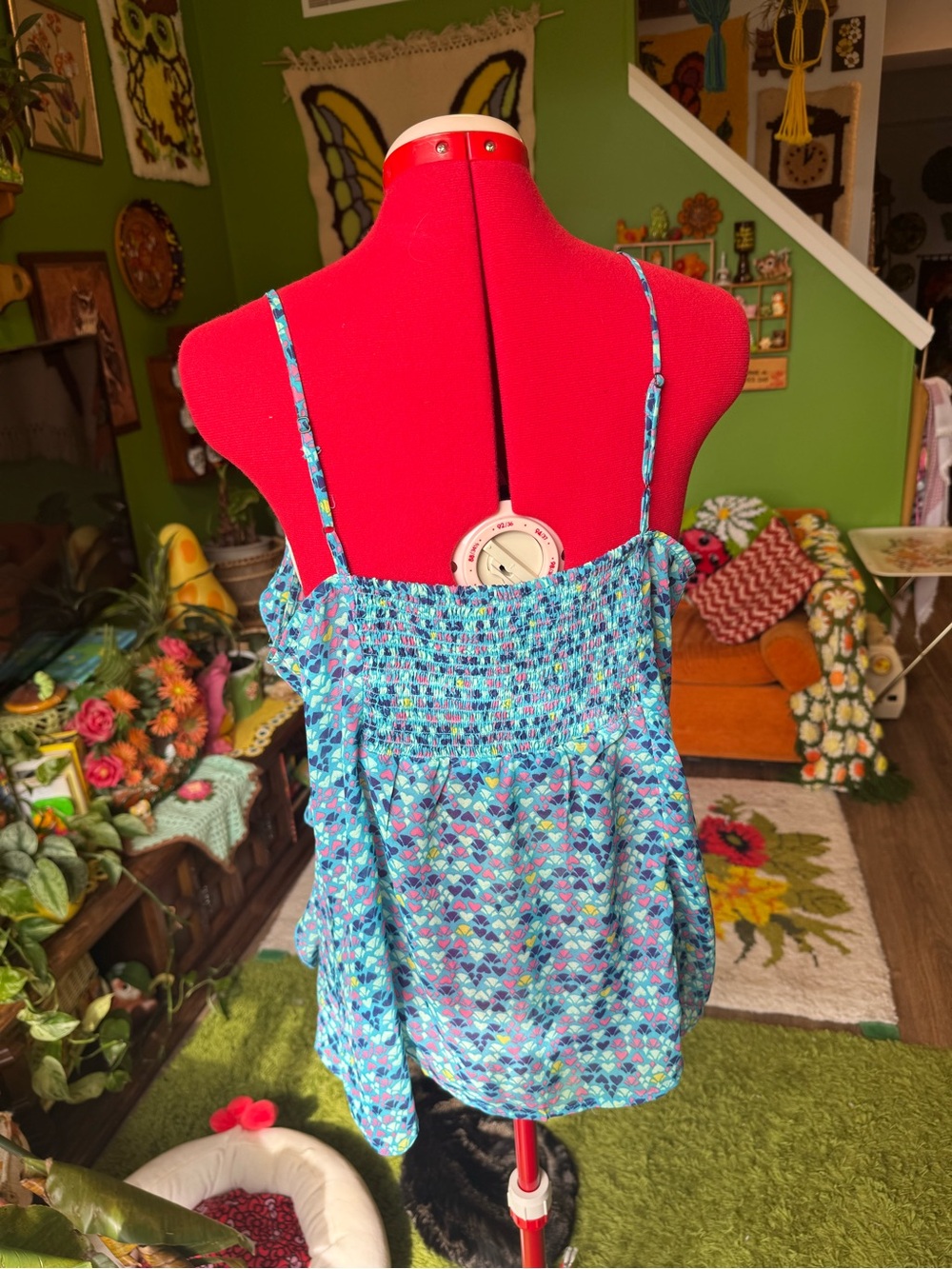 Vintage Y2K Women’s Blue Floral Ruffled Spaghetti Strap Top - Picture 3 of 4